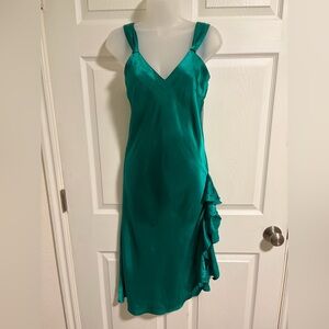 Vintage Victoria Secret Emerald Green Satin V-Neck Slip Dress with Ruffle Detail